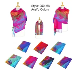 12-Pack Pashmina Peacock Colorful Shawsl Assorted Colors 050