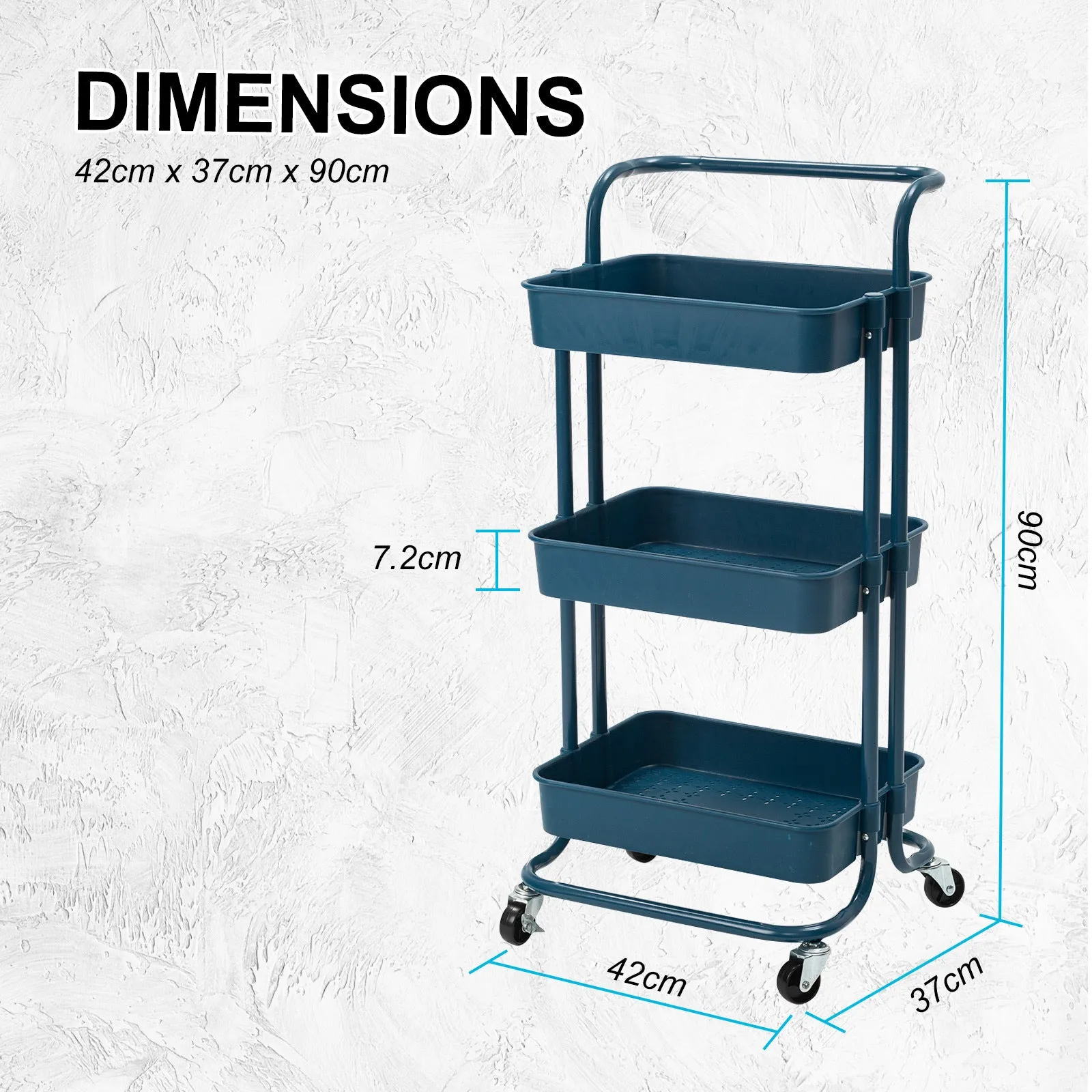 3-Tier Blue Kitchen Utility Cart with Wheels & Hooks - Kandoka