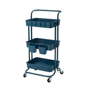 3-Tier Blue Kitchen Utility Cart with Wheels & Hooks - Kandoka