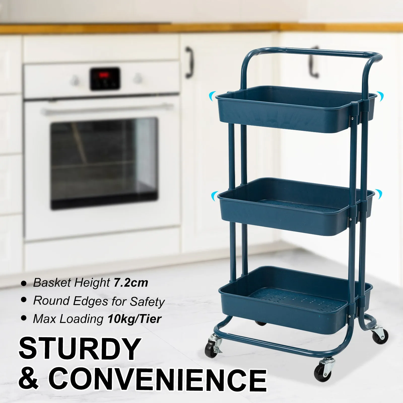 3-Tier Blue Kitchen Utility Cart with Wheels & Hooks - Kandoka