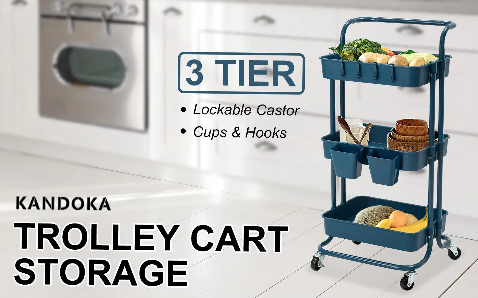 3-Tier Blue Kitchen Utility Cart with Wheels & Hooks - Kandoka