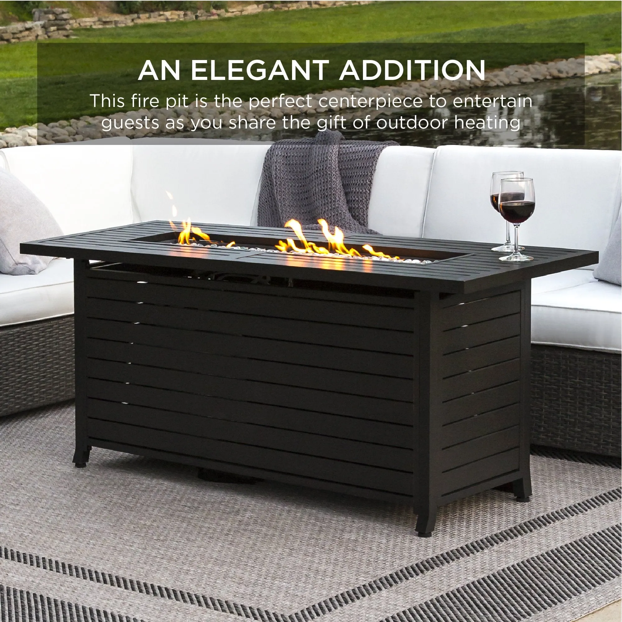 50,000 BTU Rectangular Gas Fire Pit Table w/ Storage, Cover