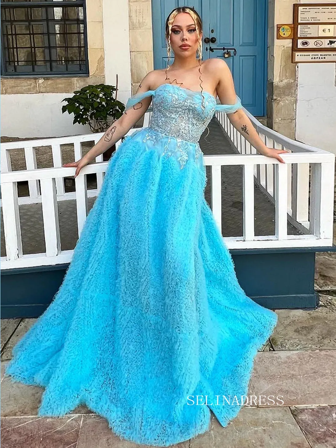 A-line Off-the-shoulder Blue Ruffles Long Prom Dress Evening Dress SEW1136