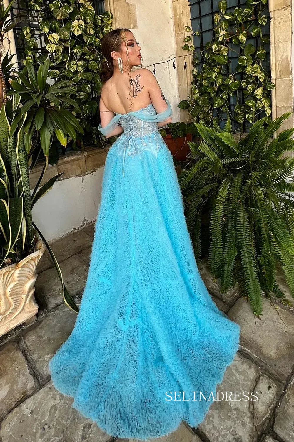 A-line Off-the-shoulder Blue Ruffles Long Prom Dress Evening Dress SEW1136