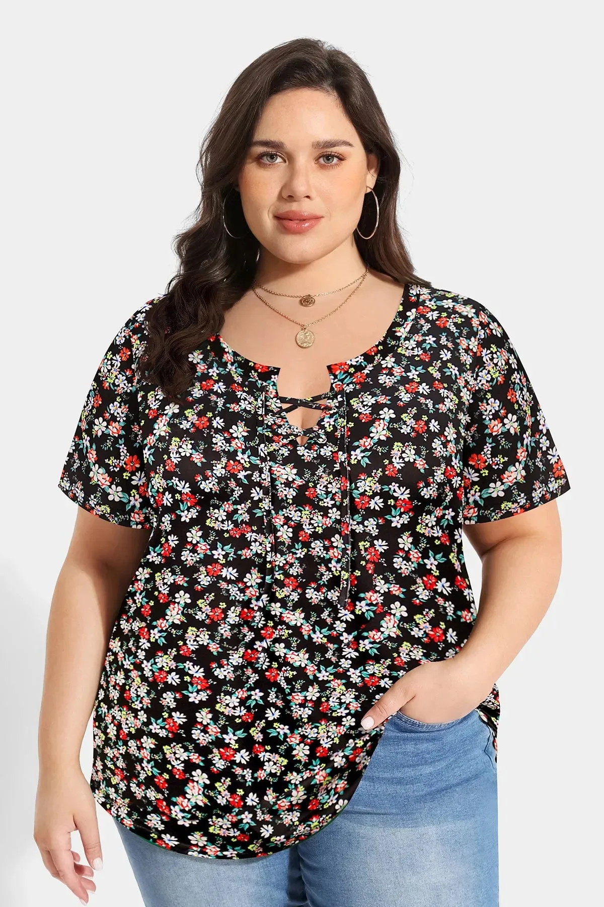 Allover Floral Drawstring Notched V Neck T-Shirt