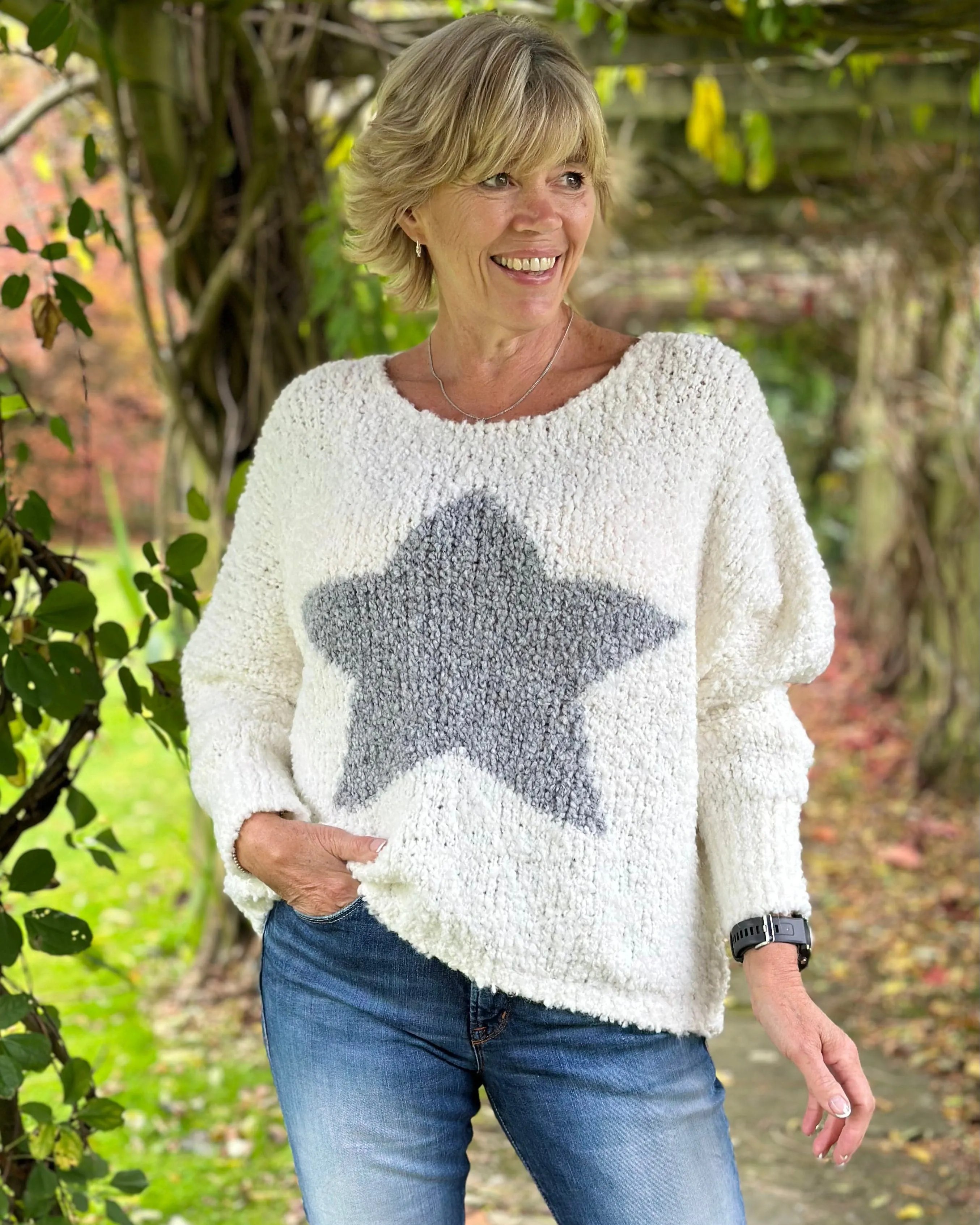 Alpaca Wool Mix Boucle Star Jumper - Winter White