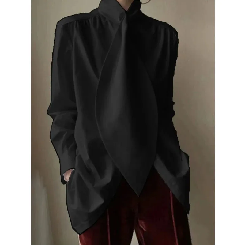 Amozae-2024 New Arrival Fashion Long Sleeves Loose Solid Color High-Neck Blouses&Shirts Tops Black White Polyester Coat