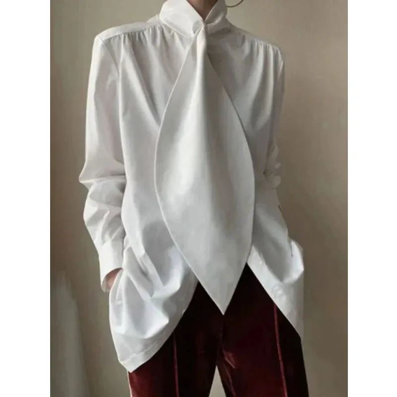 Amozae-2024 New Arrival Fashion Long Sleeves Loose Solid Color High-Neck Blouses&Shirts Tops Black White Polyester Coat