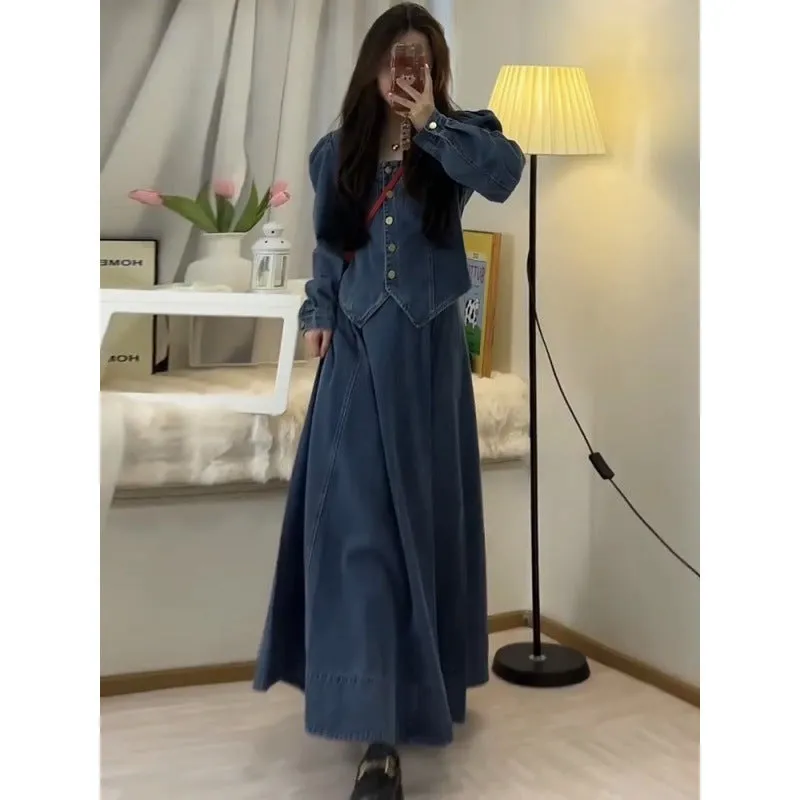 Amozae classy winter outfits 2024 Spring New High-Grade Square Collar Denim Coat Women's Retro Goddess Style Skirt Two-Piece Suit Women