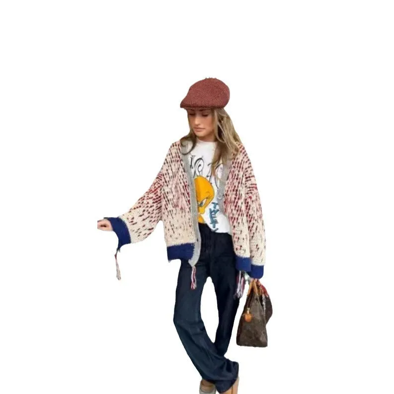 Amozae fall outfits women 2024 Fashion Niche Retro Lazy Casual Loose Tassel Knitted Jacket