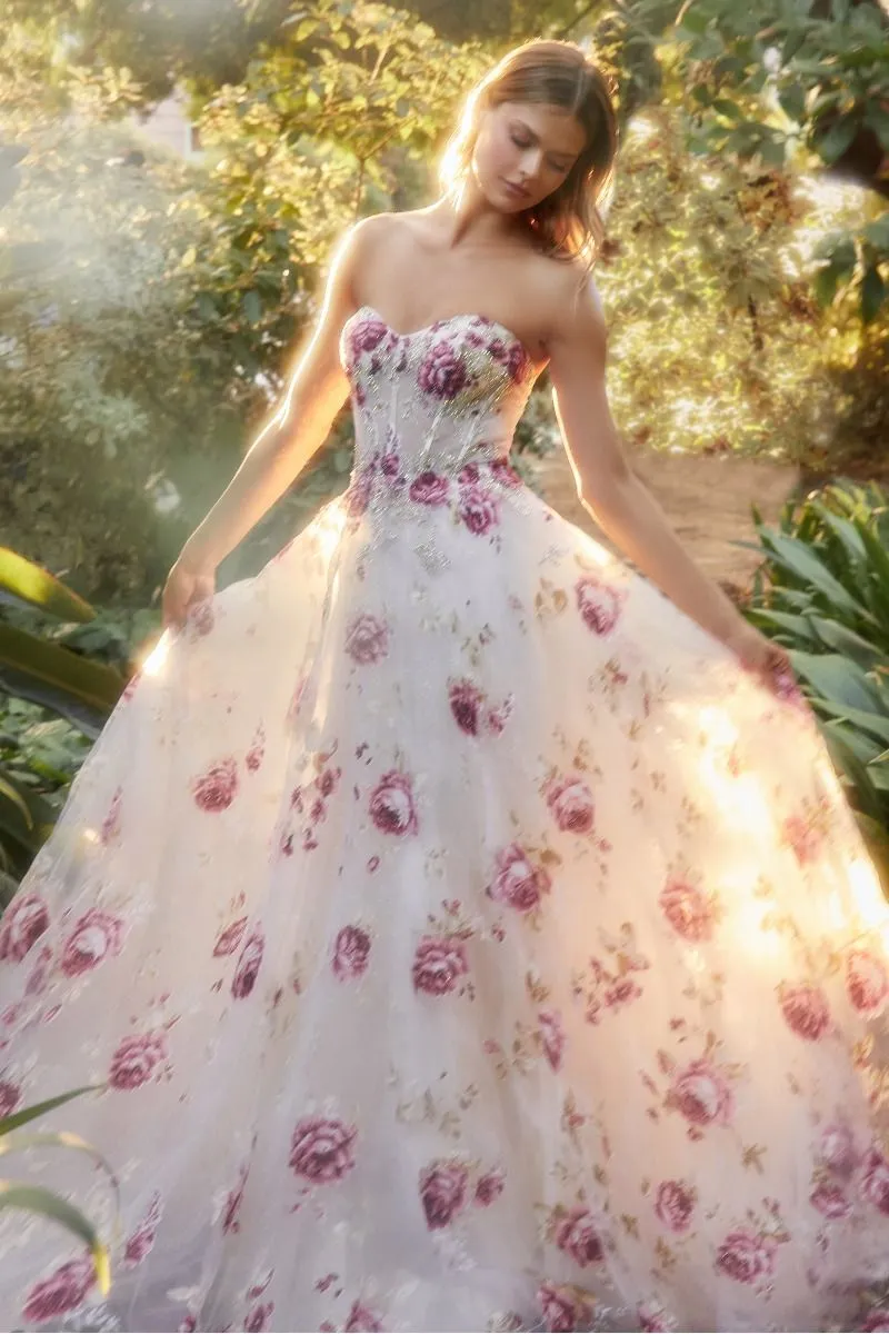 Andrea & Leo Couture A1133 Floral Print A Line Prom Dress Puff Sleeve Sheer Corset Formal Gown