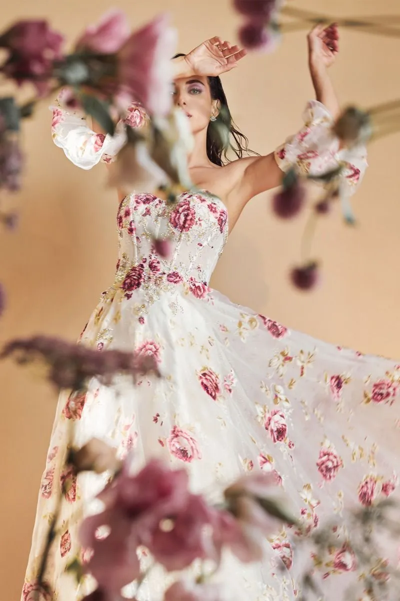 Andrea & Leo Couture A1133 Floral Print A Line Prom Dress Puff Sleeve Sheer Corset Formal Gown