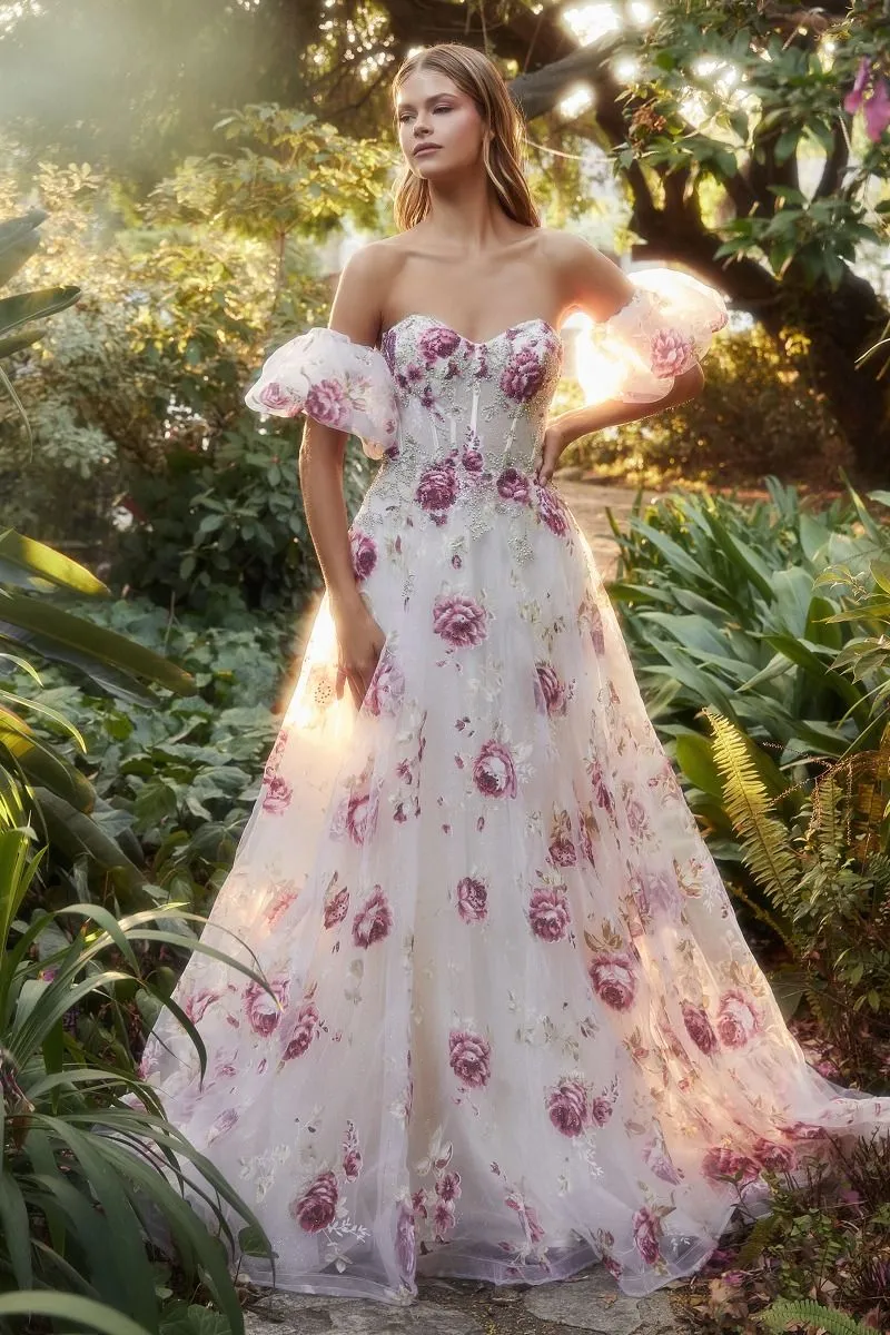 Andrea & Leo Couture A1133 Floral Print A Line Prom Dress Puff Sleeve Sheer Corset Formal Gown