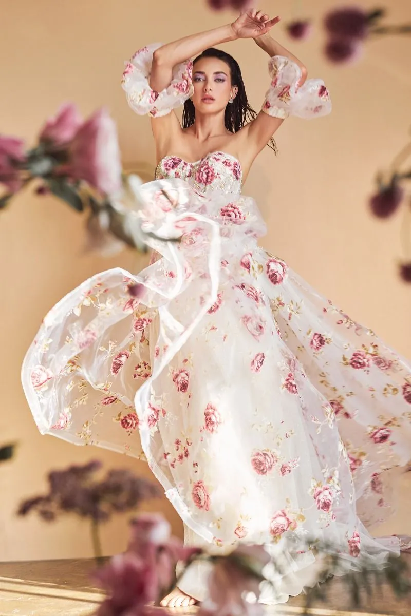 Andrea & Leo Couture A1133 Floral Print A Line Prom Dress Puff Sleeve Sheer Corset Formal Gown