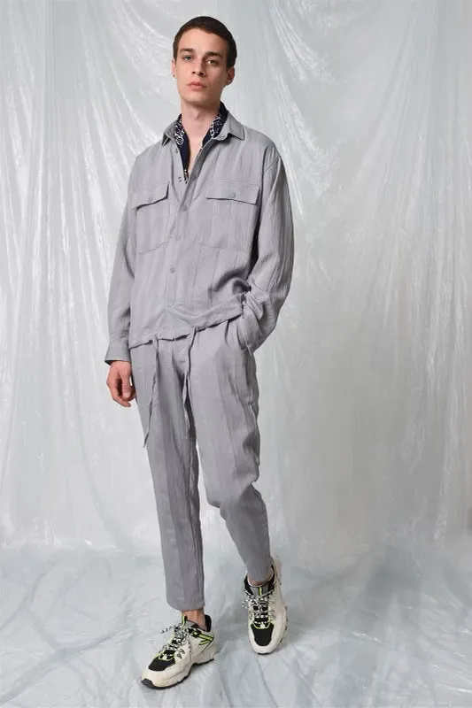 Antioch Light Grey Vertical Tonal Stripe Long Sleeve Button Up Shirt Jacket