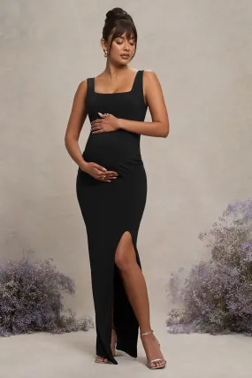 Avril | Black Square Neck Maternity Maxi Dress with Split