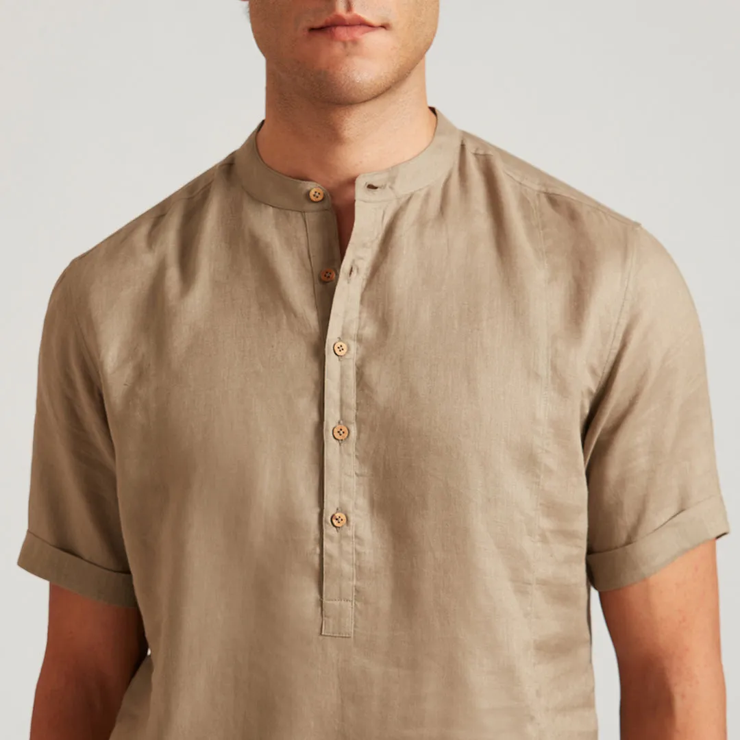 B77 Men's Casual Linen Shirt With Band Collar