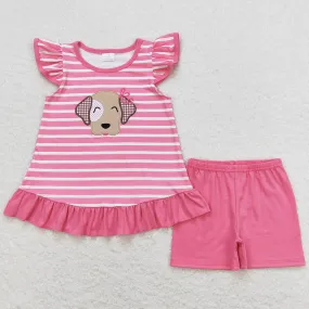 Baby Girls Clothes Pink Stripes Dog Tunic Top Shorts Kids Sibling Clothes Boys Sets GSSO0874