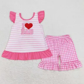 Baby Girls Clothes Pink Stripes I Love Dad Bow Tunic Top Ruffle Shorts Sets GSSO0563