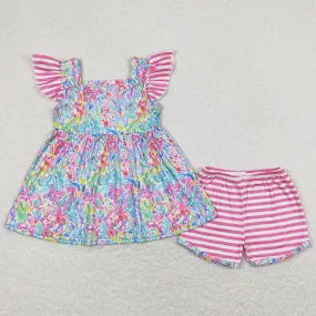 Baby Girls Clothes Pink Water Flowers Flutter Sleeve Tunic Top Shorts Sets GSSO0937