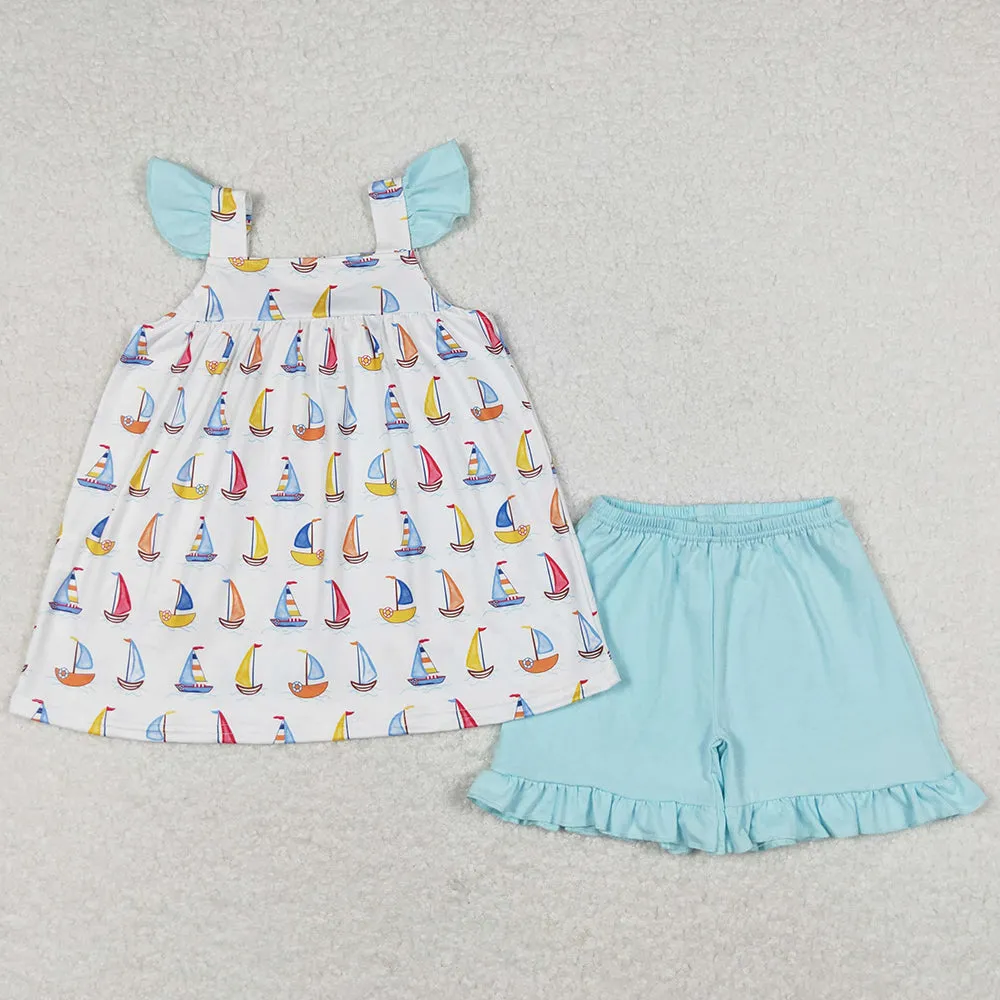 Baby Girls Clothes Sailboat Flutter Sleeve Tunic Top Shorts Sets GSSO0645