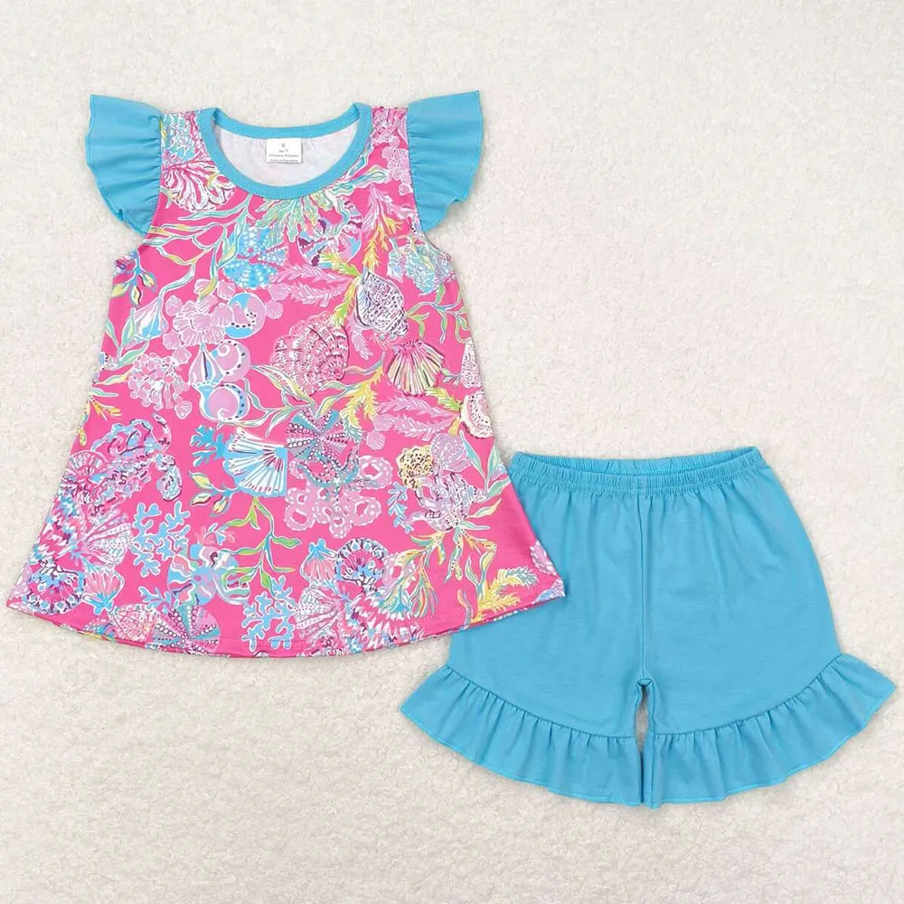 Baby Girls Clothes Sea Shells Pink Tunic Ruffle Shorts Kids Sibling Clothes Boys Sets GSSO1086 BSSO0841