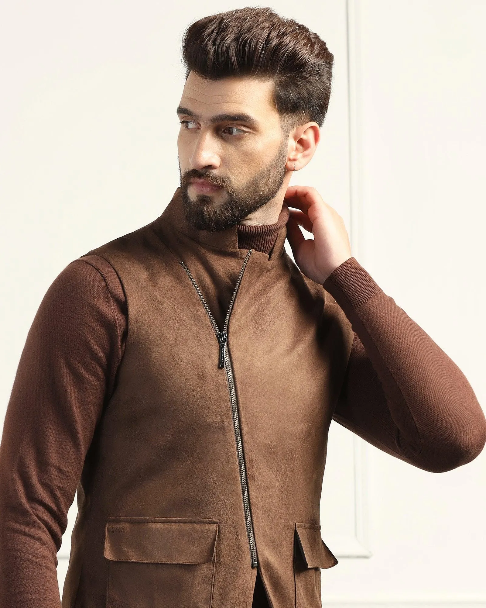 Bandhgala Formal Tobacco Brown Solid Waistcoat - Panther