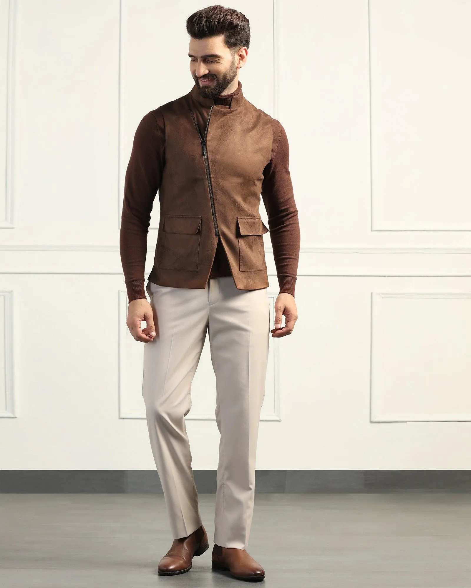 Bandhgala Formal Tobacco Brown Solid Waistcoat - Panther