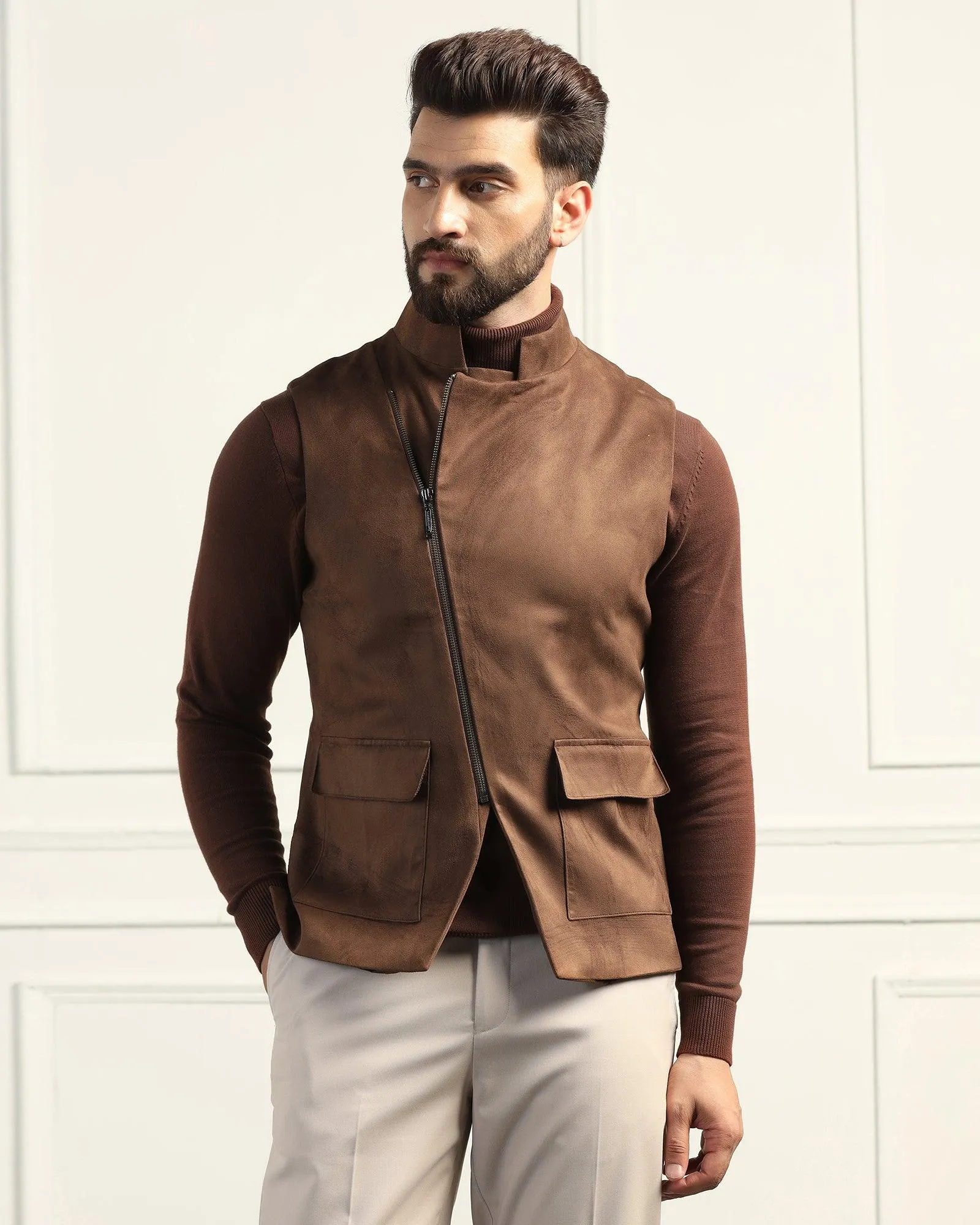 Bandhgala Formal Tobacco Brown Solid Waistcoat - Panther