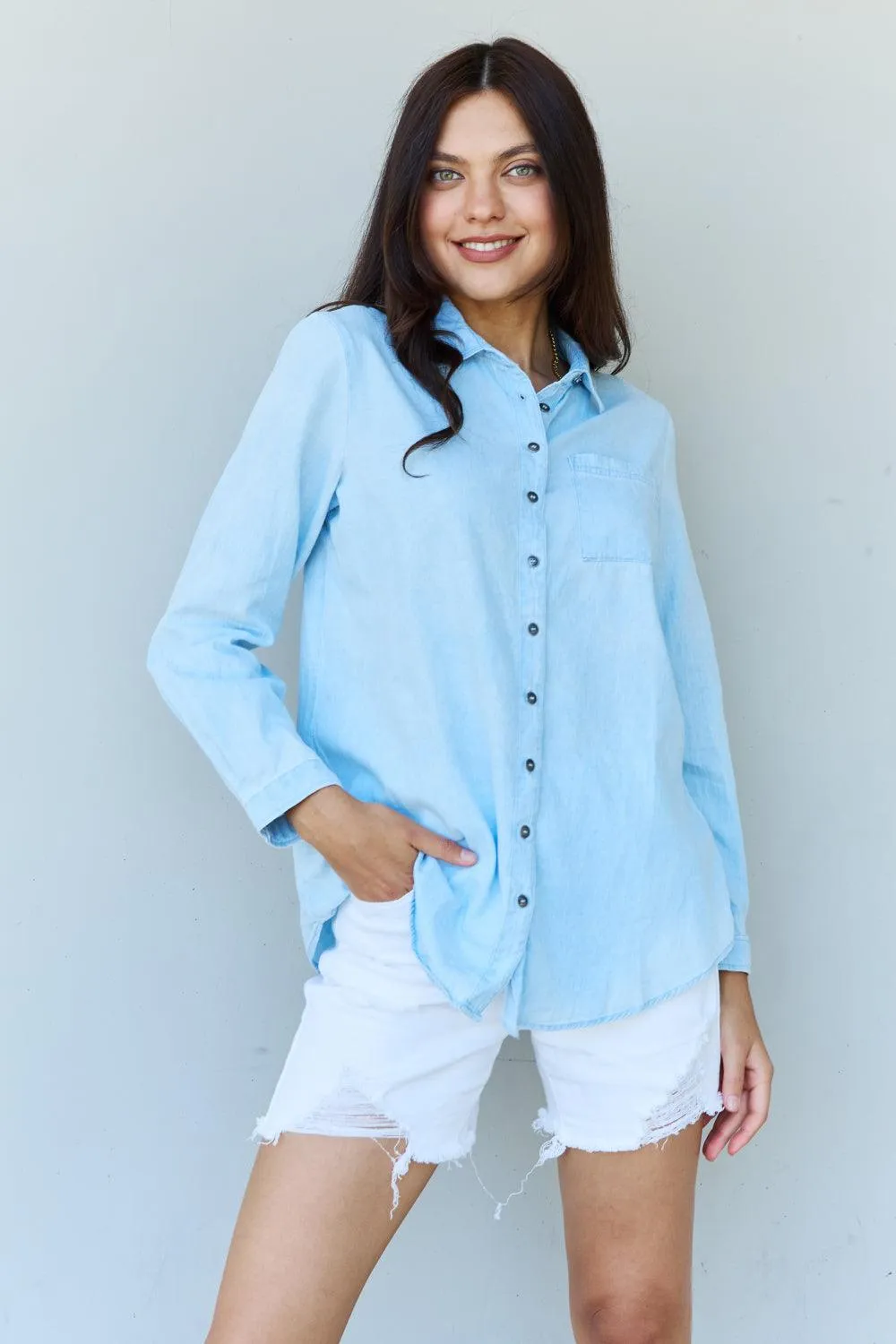 Billy Jean Denim Button Down Shirt Top in Light Blue