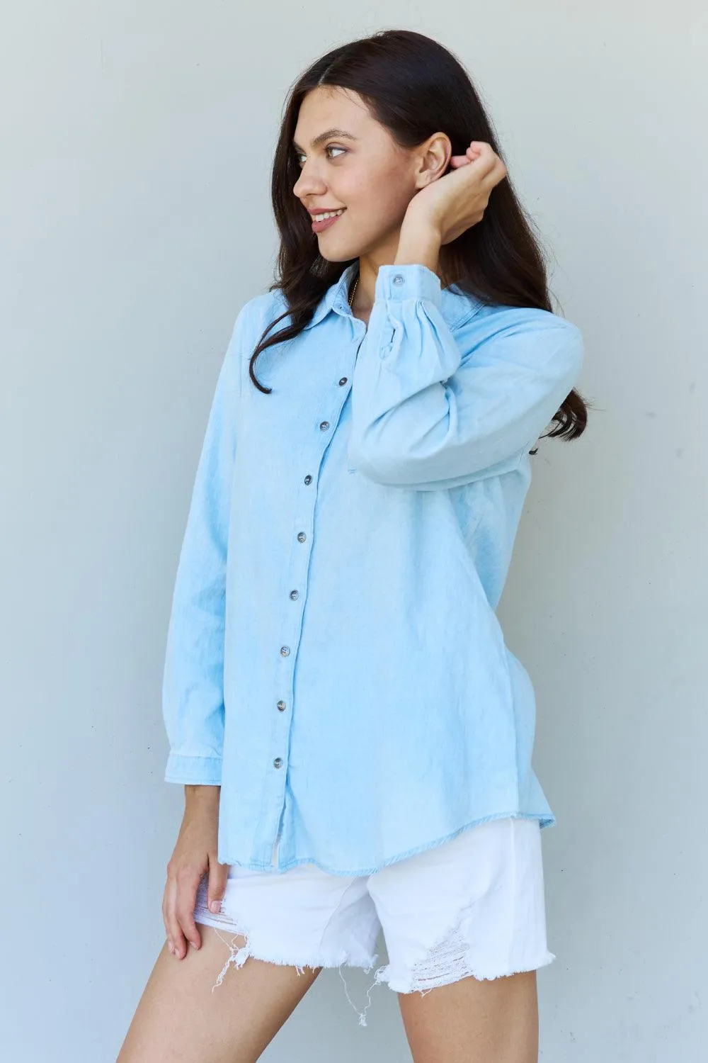 Billy Jean Denim Button Down Shirt Top in Light Blue