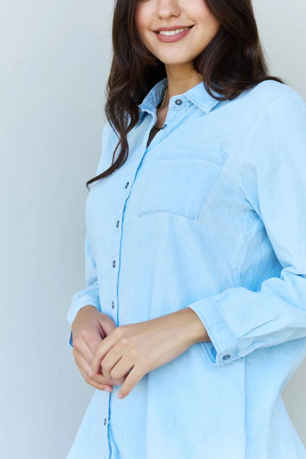 Billy Jean Denim Button Down Shirt Top in Light Blue