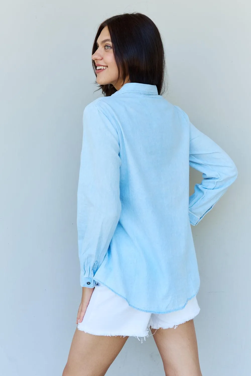 Billy Jean Denim Button Down Shirt Top in Light Blue