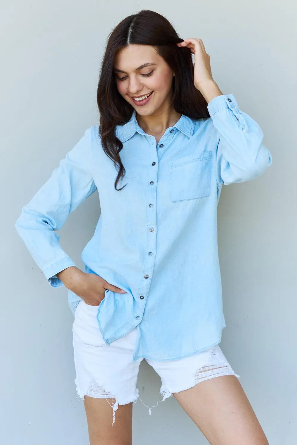 Billy Jean Denim Button Down Shirt Top in Light Blue