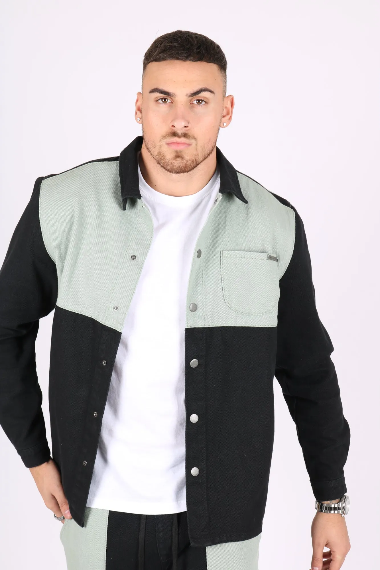 Black & Khaki Panelled Denim Shacket