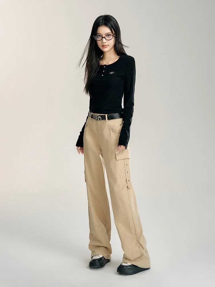 Black & Khaki Wrinkled Utility Wide-leg Pants