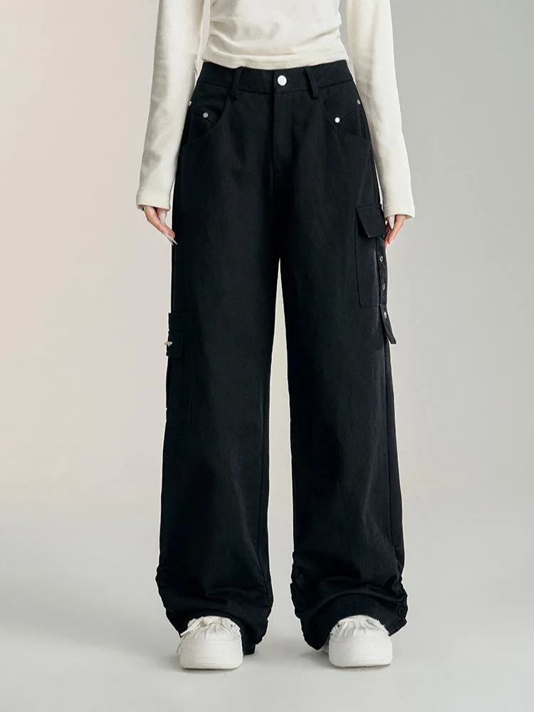 Black & Khaki Wrinkled Utility Wide-leg Pants