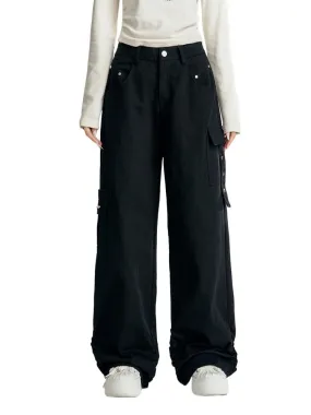 Black & Khaki Wrinkled Utility Wide-leg Pants