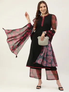 Black & Red Crepe Printed Suit Set with Organza Dupatta