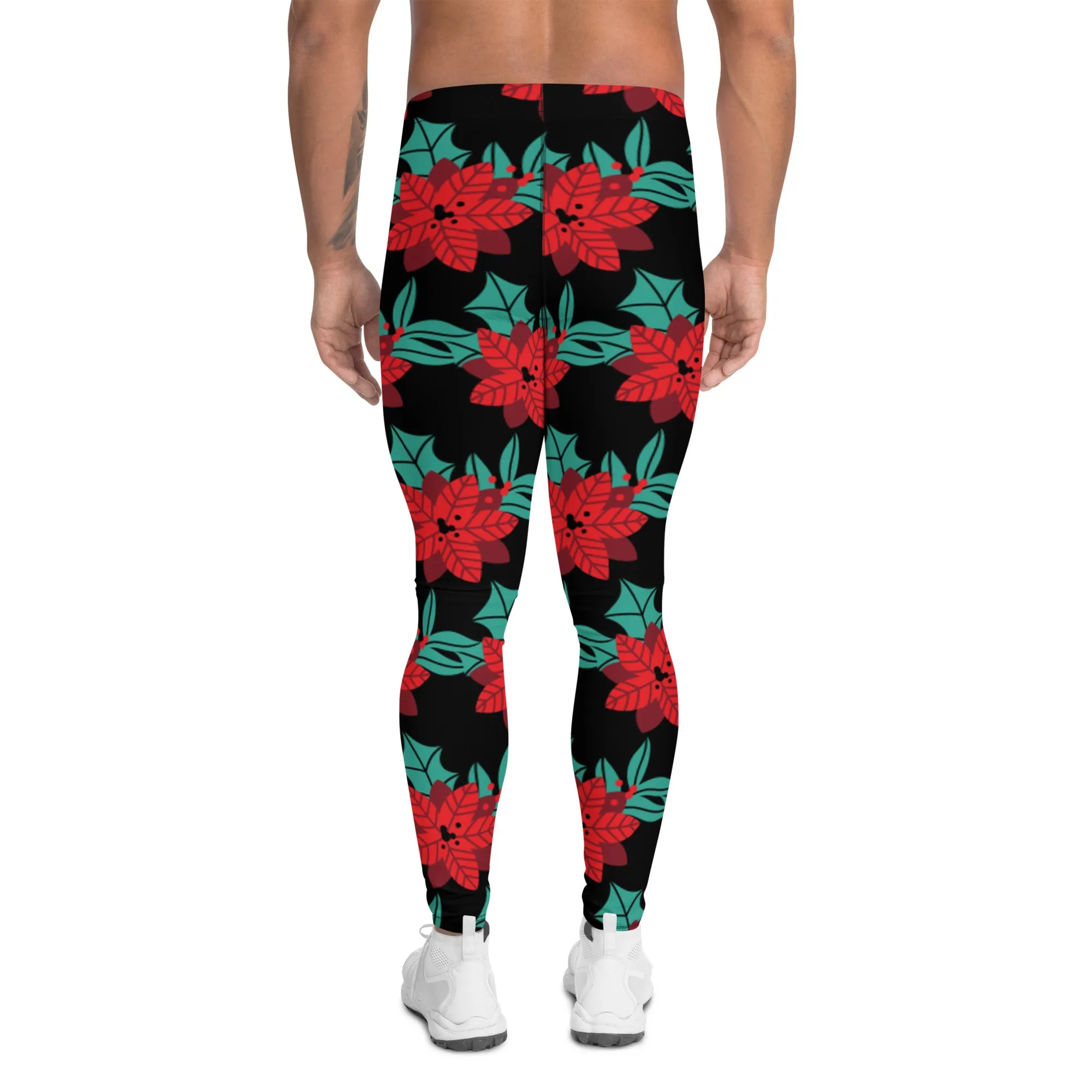 Black Christmas Floral Men's Leggings, Black & Red Xmas Flower Designer Men's Leggings-Made in USA/MX/EU