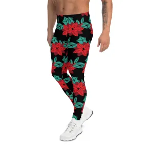 Black Christmas Floral Men's Leggings, Black & Red Xmas Flower Designer Men's Leggings-Made in USA/MX/EU