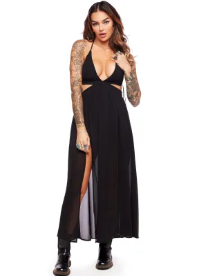 Black Deep V Maxi Dress with Cutouts