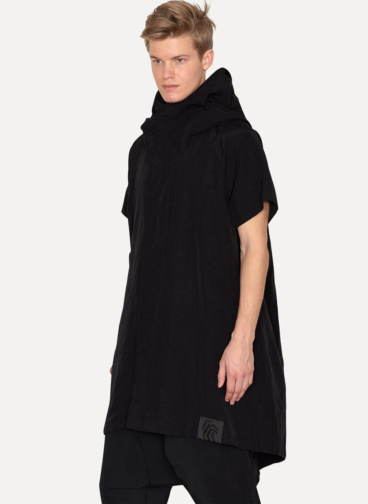 Black Linen Nylon Hooded Coat