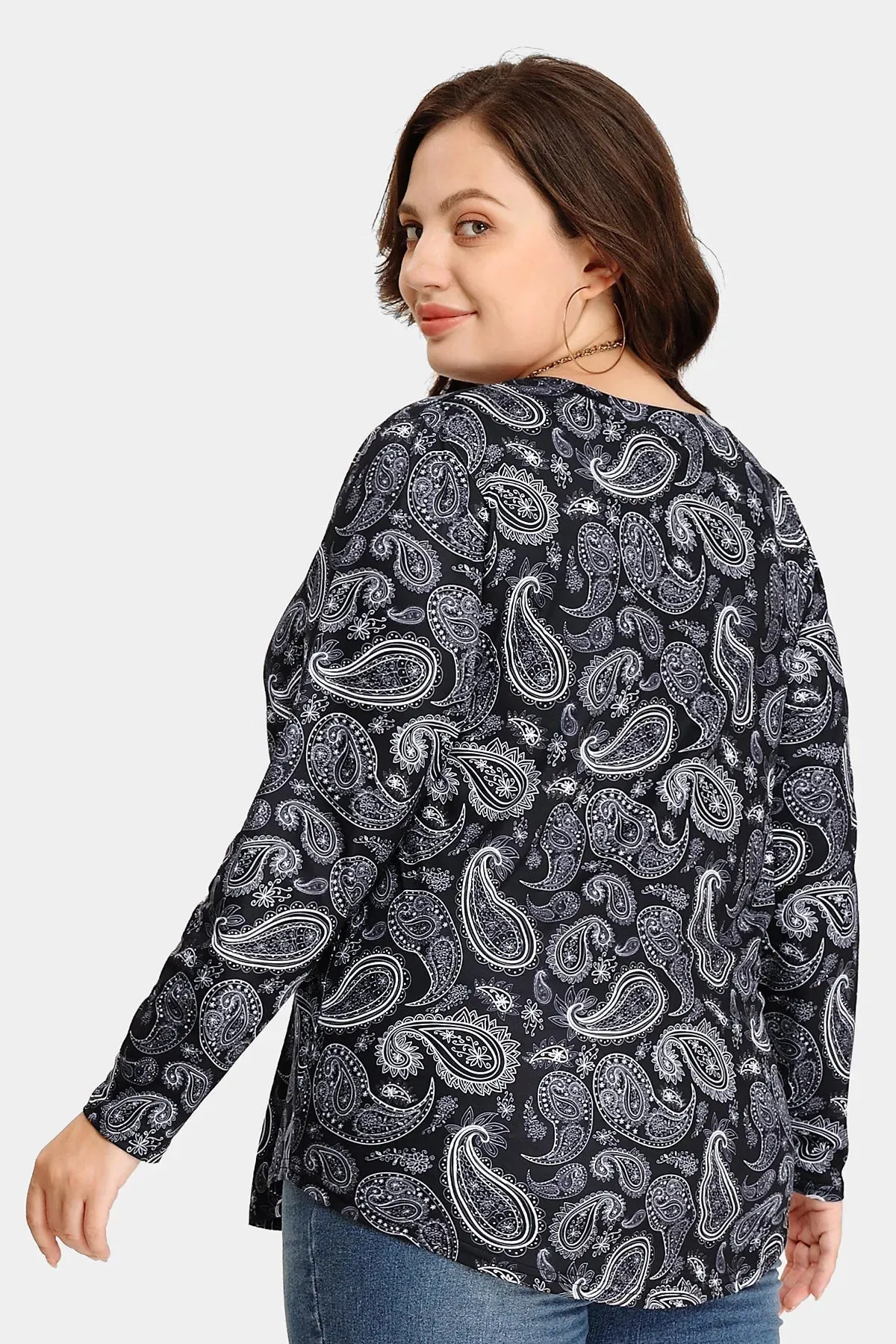 Black Printed V Neck Loose Tunic T-Shirt