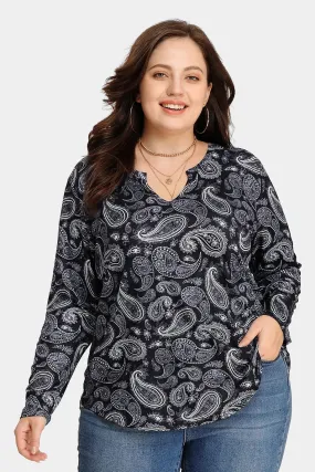 Black Printed V Neck Loose Tunic T-Shirt