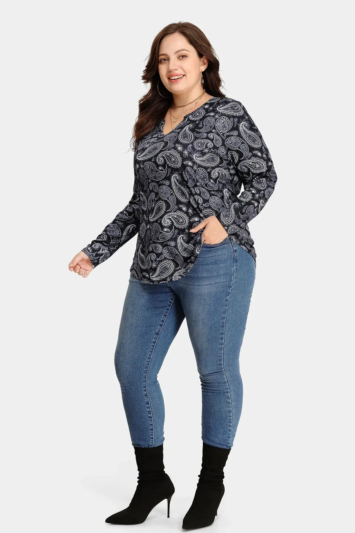 Black Printed V Neck Loose Tunic T-Shirt