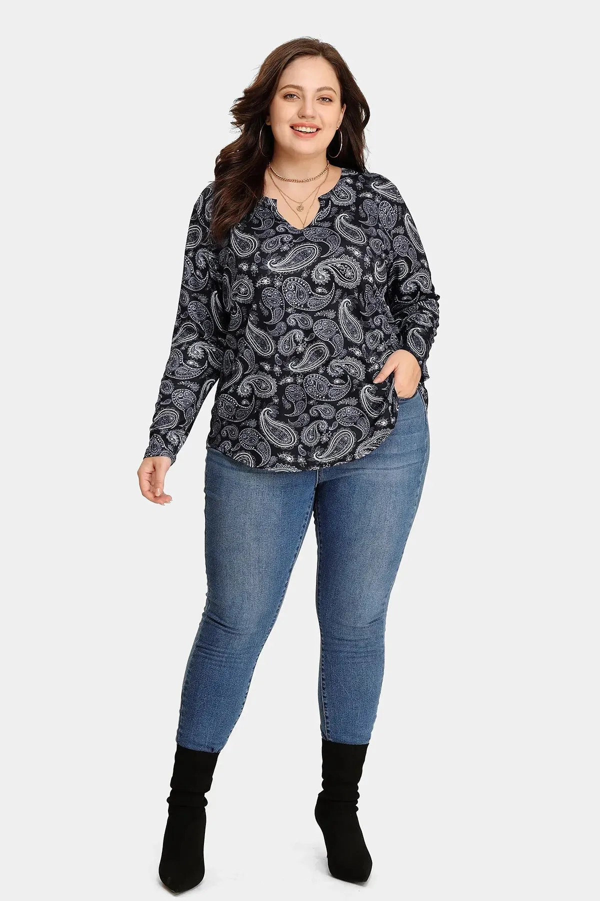 Black Printed V Neck Loose Tunic T-Shirt