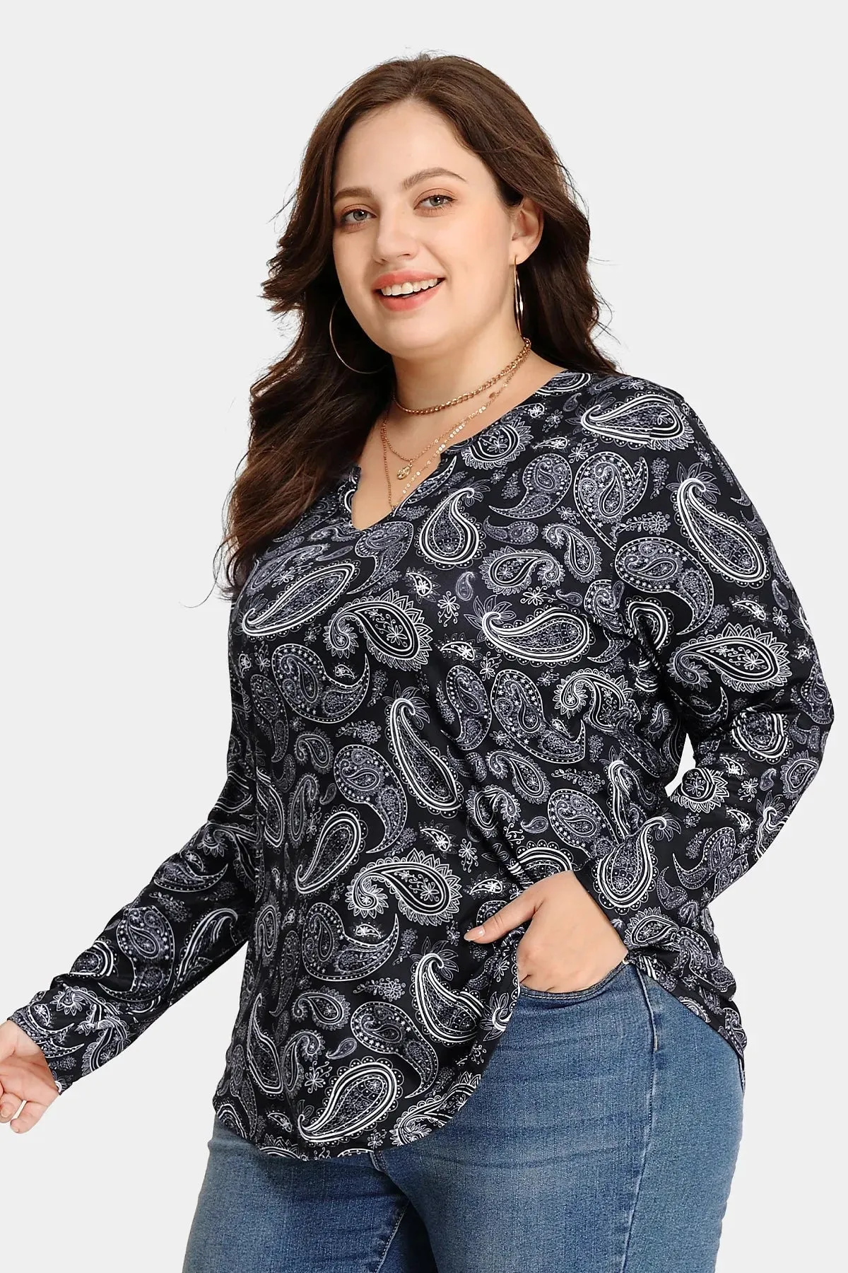 Black Printed V Neck Loose Tunic T-Shirt