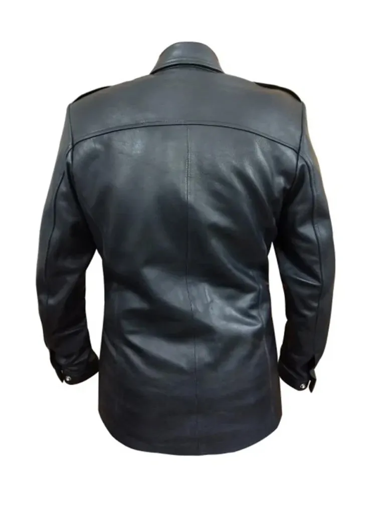 Black Shirt Style Genuine Leather Long Coat