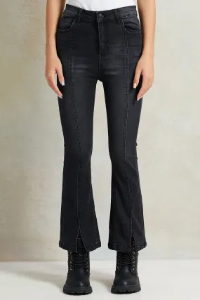 Black Skinny Flared Jeans With Front Slit